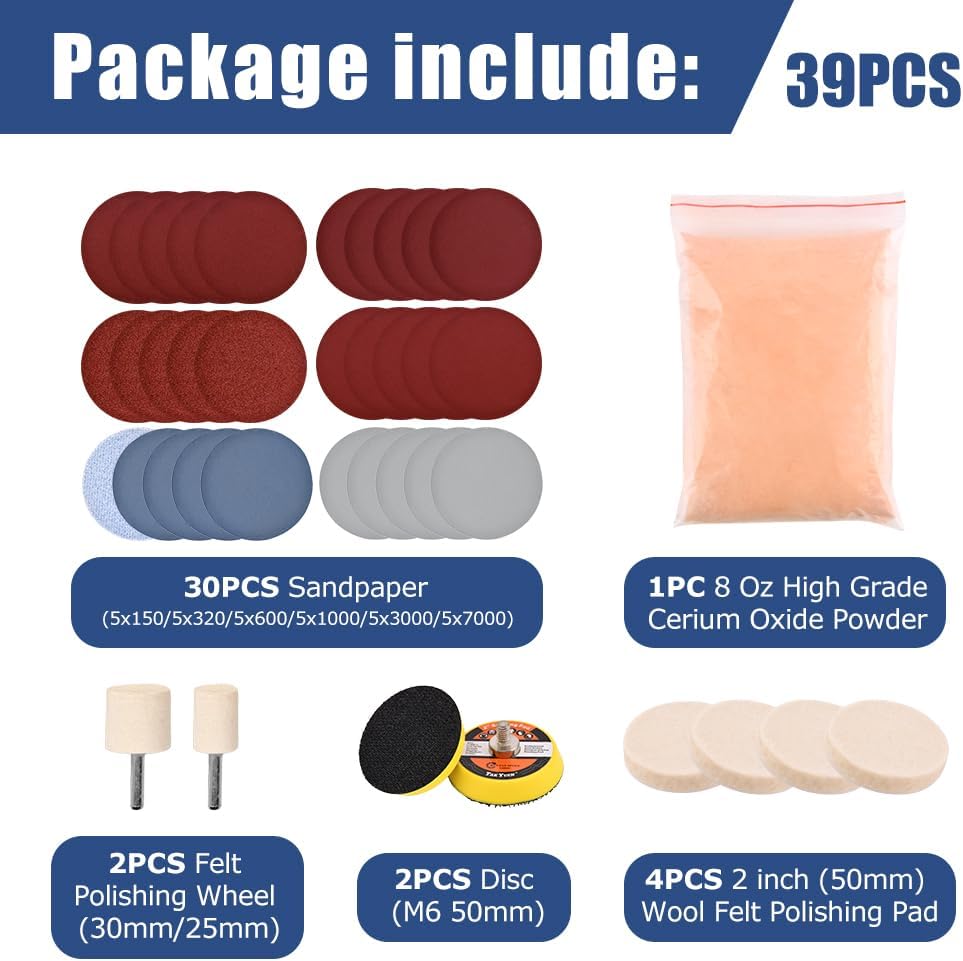 EMVANV Glass Polishing Kit, 39Pcs/Set Glass Scratch Remover, Deep Scratch Window Repair Tool, Window Windscreen Scratch Repair Kit with Cerium Oxide Polishing Powder Polishing Pad and Wheel