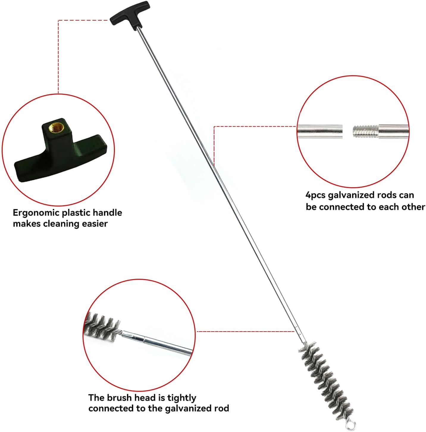 50 in Pipe Cleaning Brush Set with Stainless Steel Bristles, Wire Brush with 4pcs Galvanized Rod, Stainless Steel Pipe Brush 4pcs for Auto Parts, Bottles, Tubes. (3/5, 1, 1 3/5, 2 in Brush Heads)