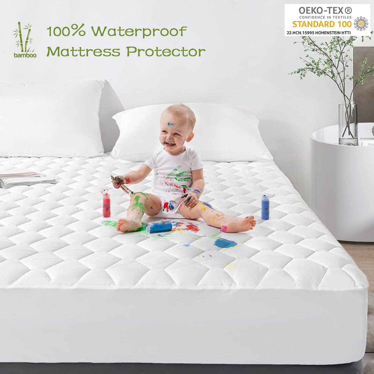GRT Full Mattress Protector Waterproof, Rayon from Bamboo, Cooling Quilted Fitted Mattress Pad, Noiseless Waterproof Mattress Cover, fits up to 18" Deep, Dust Proof White