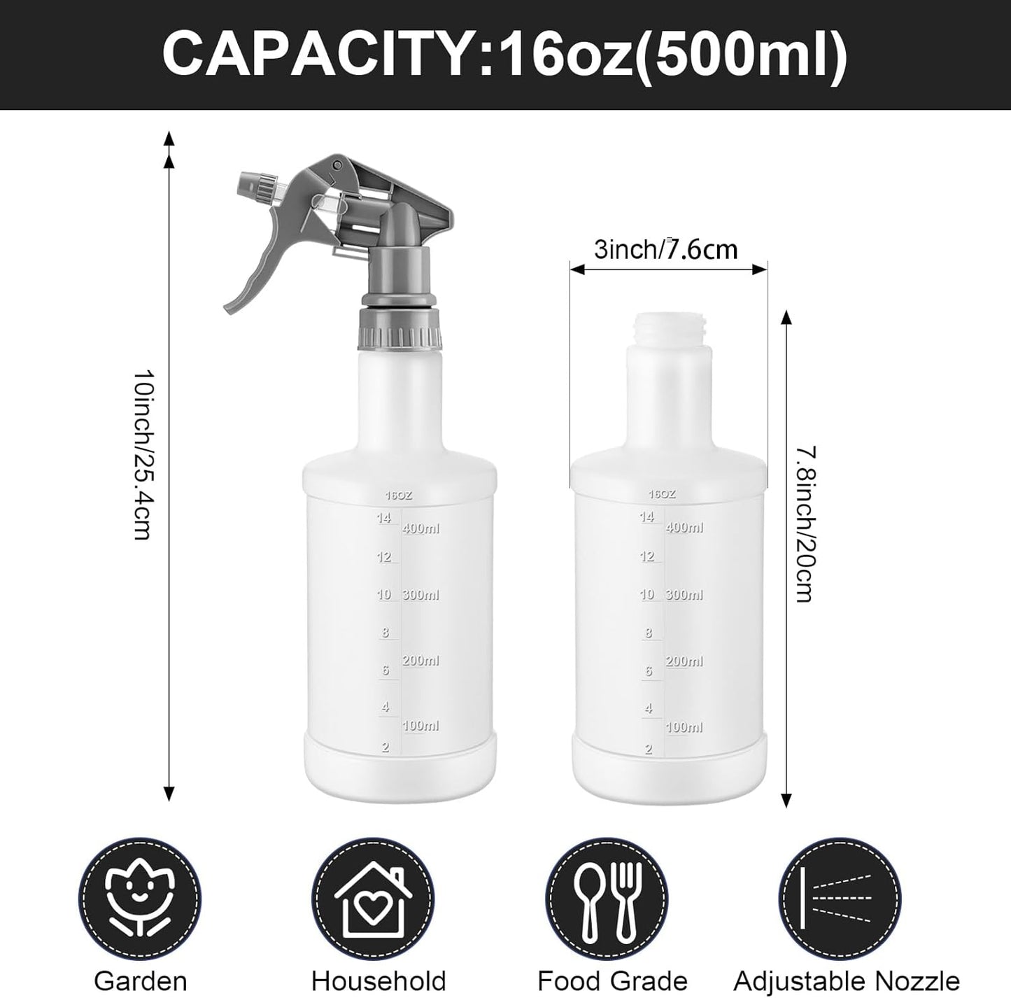 Eccliy 12 Pcs 16 Oz Plastic Spray Bottle, Adjustable Empty Reusable Sprayer for Cleaning, Planting, Water, Bathroom and Kitchen, BBQ, Commercial and Residential(Grey, Measurement)