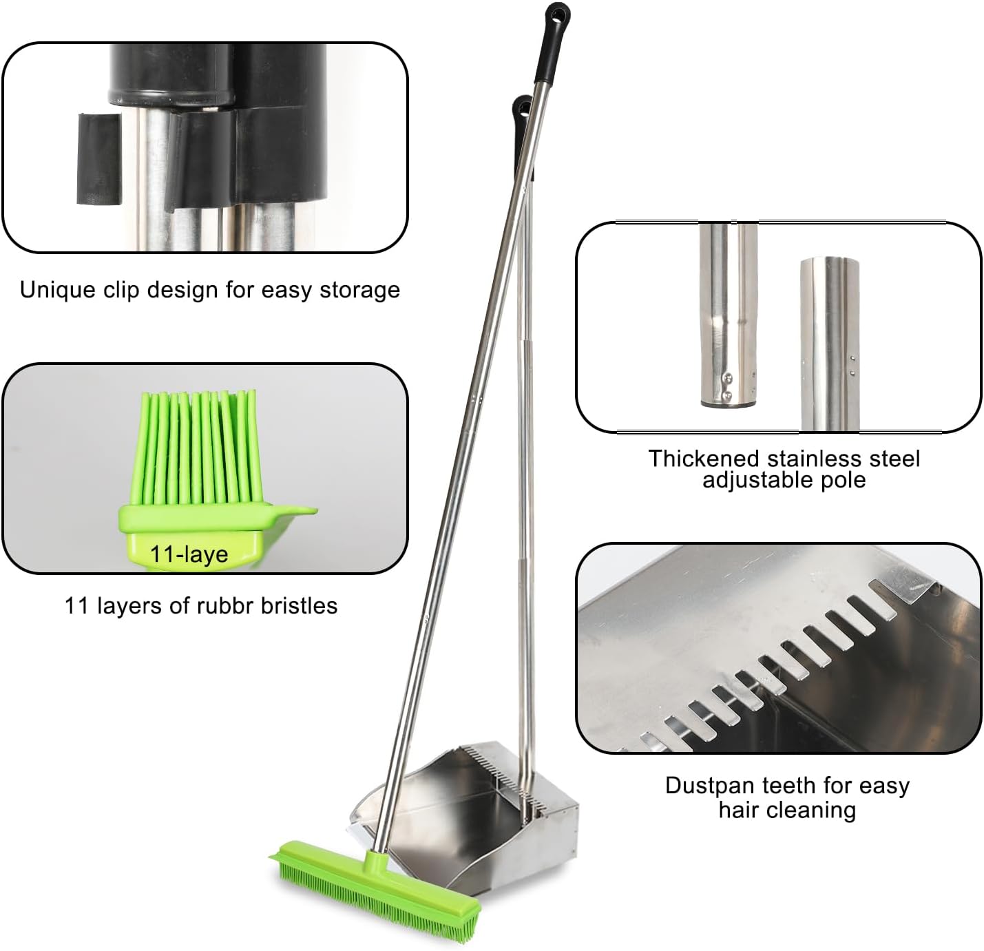 Rubber Broom and Dustpan Set,Pet Hair Removal Rubber Broom with Squeegee and Stainless Steel Dust Pan,Carpet Rake Push Broom and Dustpan for Fluff Hardwood Floor Tile (Green)