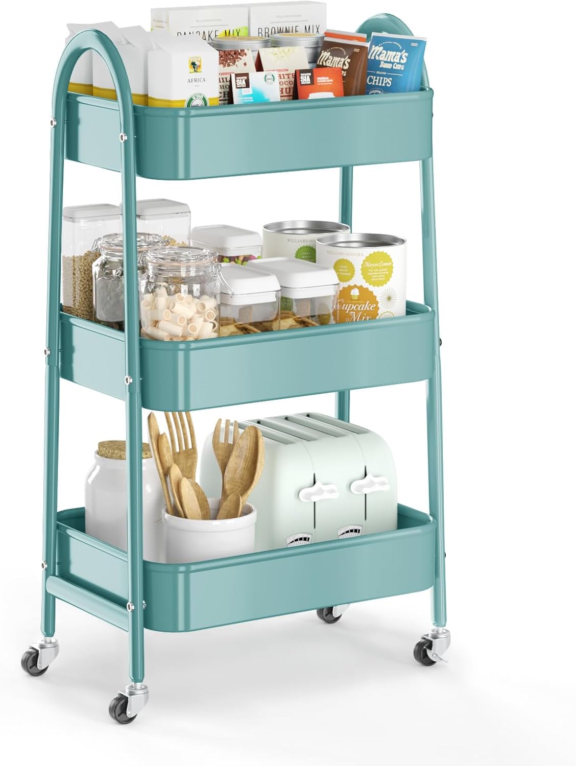 EAGMAK 3 Tier Utility Rolling Cart, Metal Storage Cart with Handle and Lockable Wheels, Multifunctional Storage Organizer Trolley with Mesh Baskets for Kitchen, Living Room, Office, Garage (Green)