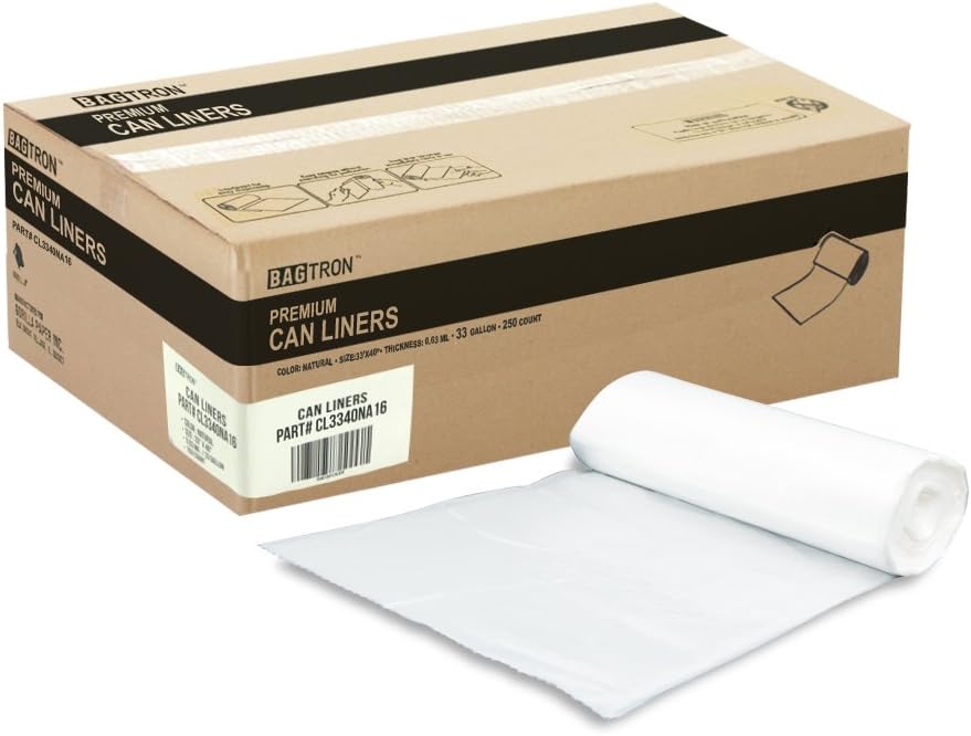 33 Gallon Trash Bags, 16 Micron High Density Pure HDPE Garbage Can Liners Bulk, 33" x 40", Natural Clear, 250 Count