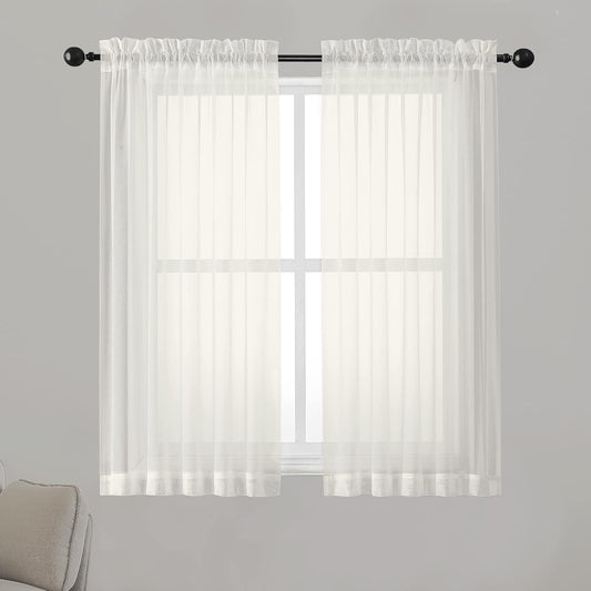 Chyhomenyc Ivory Sheer Curtains 54 Inch Length 2 Panels for Kitchen, Light Filtering Voile Rod Pocket Curtains Drapes for Living Room Bedroom Small Windows, 42Wx54L inches