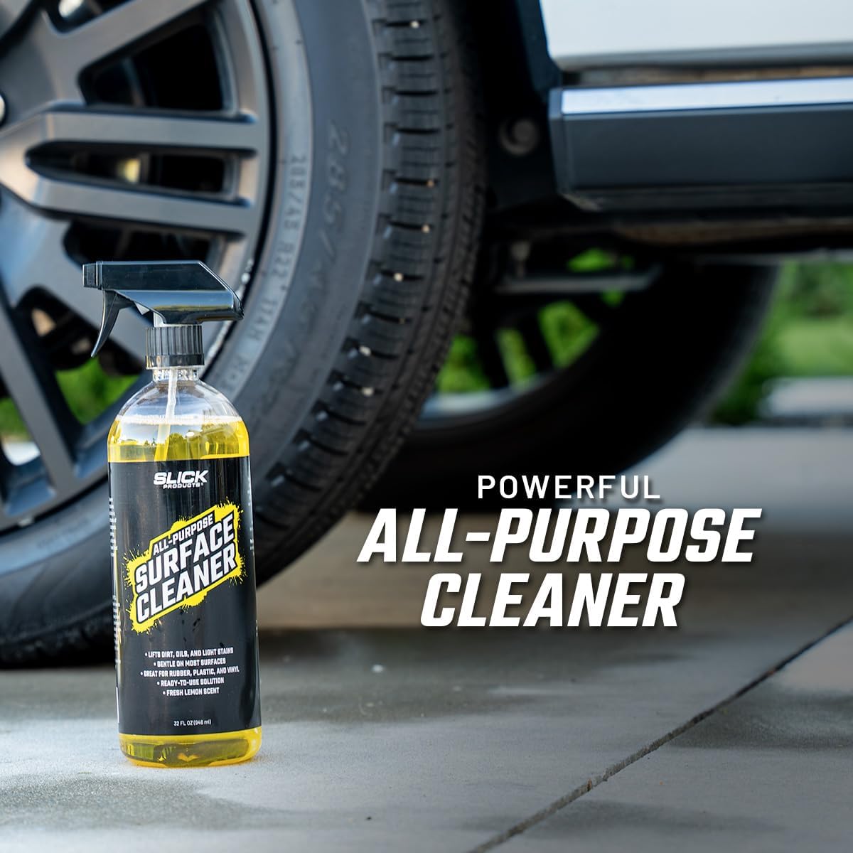Slick Products All-Purpose Surface Cleaner – Vehicle Interior & Exterior Spray for Rubber, Plastic, Vinyl, Carpet & Upholstery – Ready-to-Use Lemon Scented Cleaner – 64 oz.