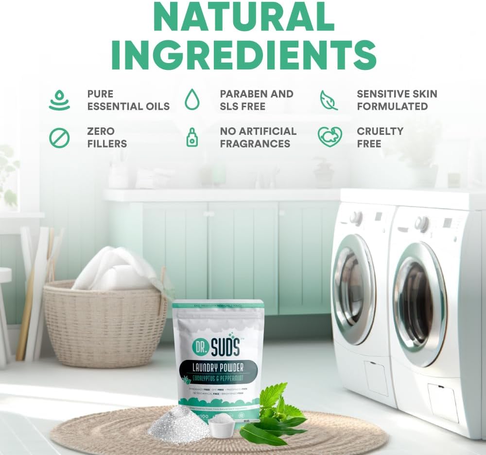 Dr Suds Natural Laundry Detergent Powder 4 Lbs 100+ Loads Scented with Eucalyptus and Peppermint Made with Natural Earth Ingredients Made in USA