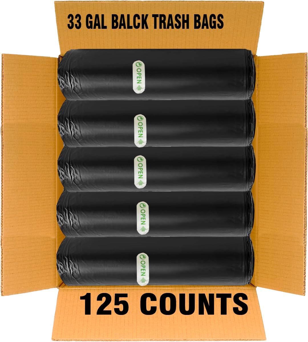 33 Gallon Trash Bags, 125 Count, Black Garbage bags, Multi-purpose Trash Can Bin Liners for Home Commercial, Outdoor, Construction, Industrial, Janitorial, Municipal, Lawn, Leaf