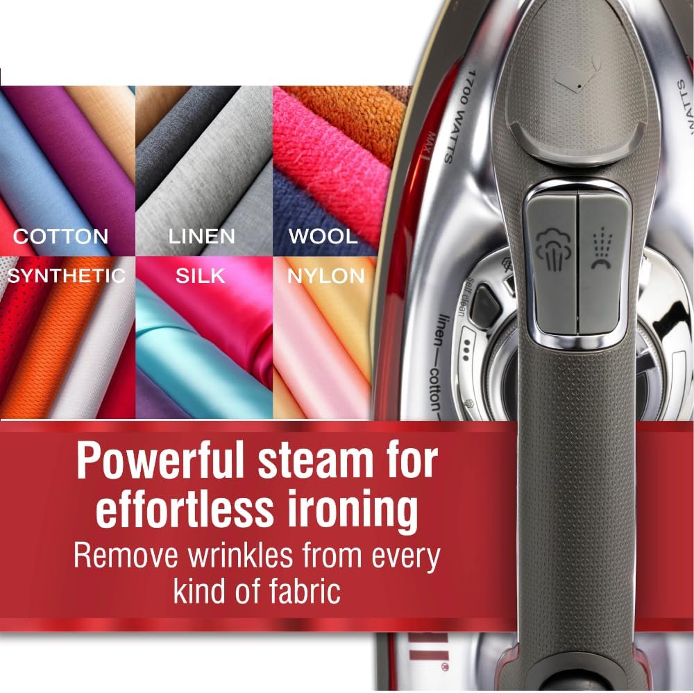 CHI Steam Iron for Clothes with 300+ Holes for Powerful Steaming, Temperature Guide Dial, 1700 Watts, XL 10’ Cord, 3-Way Auto Shutoff, Titanium Infused Ceramic Soleplate, Silver (13101)