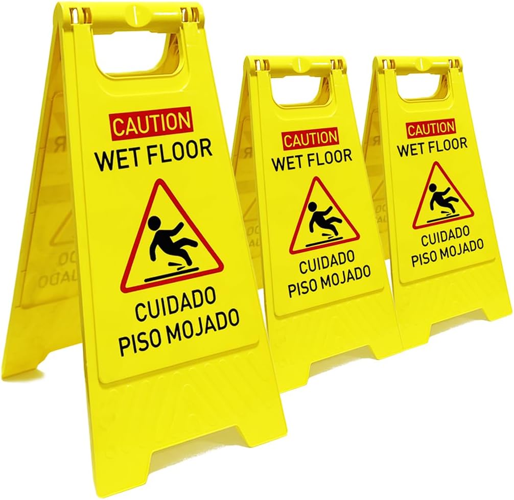 3-Pack Caution wet floor sign, 24 in. (approx. 60 cm) Height,Bright Yellow Double-Sided Folding A-Shaped Frame Design, Bilingual Caution Message