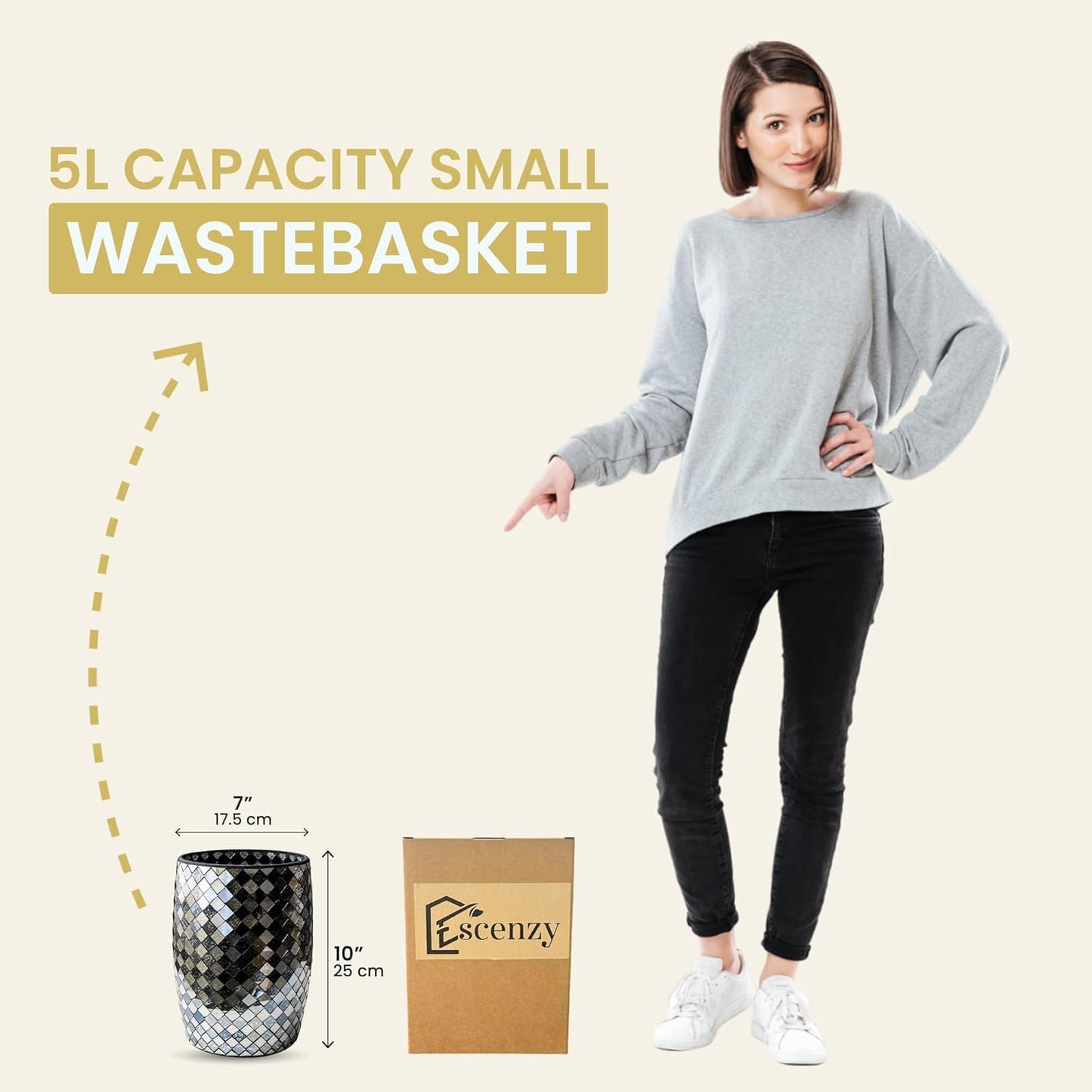 Escenzy Modern Bathroom Trash Can Mosaic Glass 5L | Decorative Small Garbage Can | 7" x 10" | Luxury Waste Basket for Restroom, Office, Bedroom & Kitchen | Shiny Black and Gold Bathroom Accessories