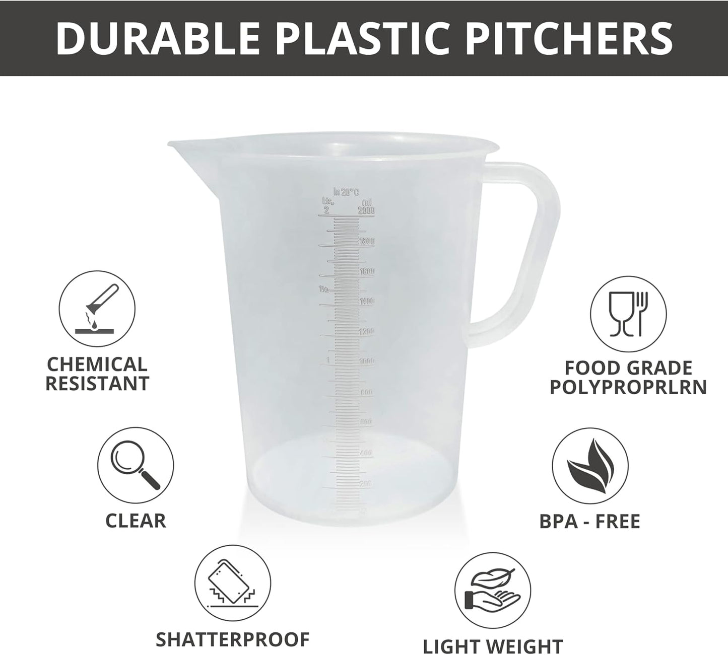 Appletofu Plastic Graduated Measuring and Mixing Pitcher - 2000ml Plastic Graduated Measuring Pitcher - Large Cylinder Graduated Measuring Container with Handle and Pour Spout - 2 Liter