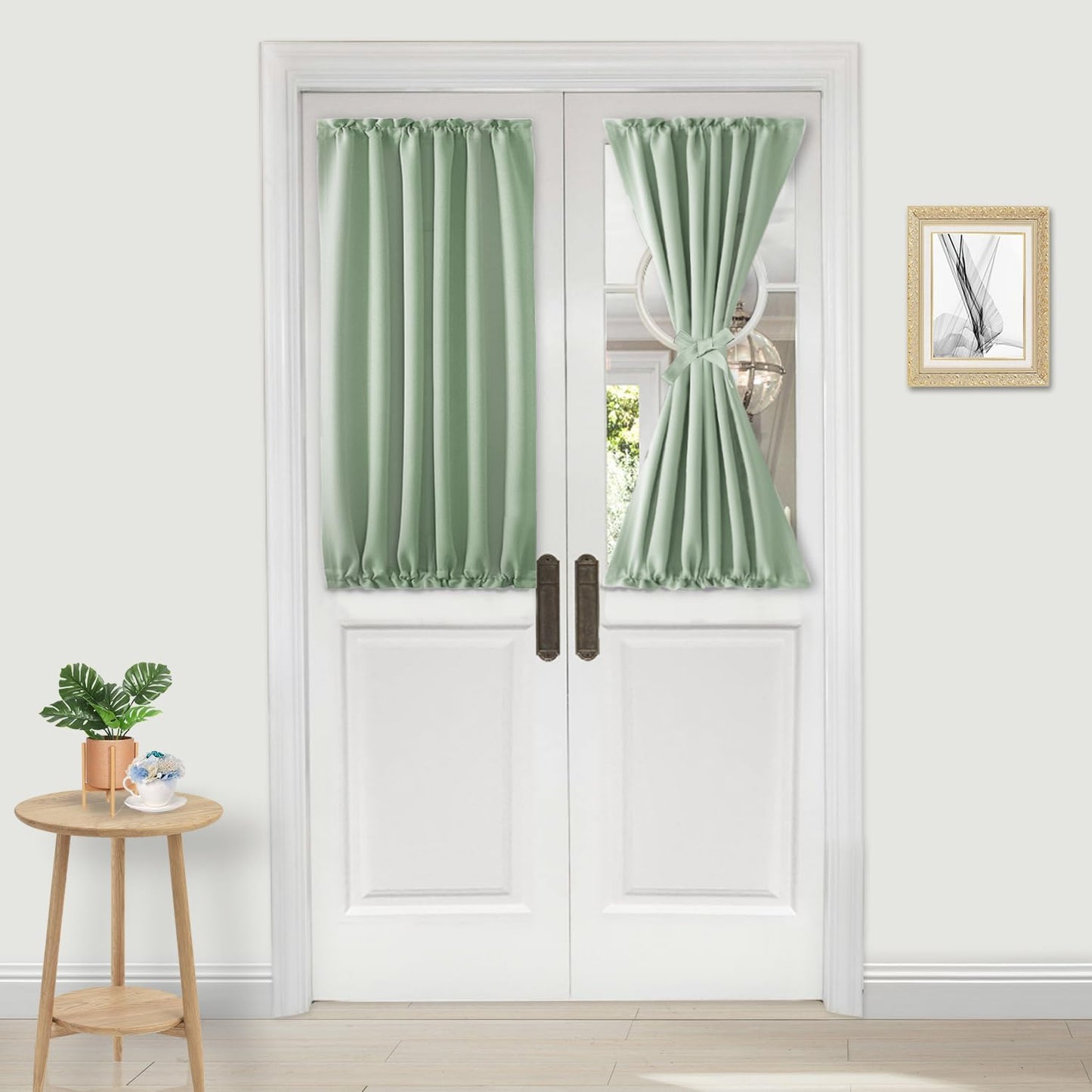 DWCN French Door Curtains – Rod Pocket Thermal Blackout Curtain for Doors with Glass Window, Kitchen and Patio Doors for Privacy, 25 X 40 Inches Long, 1 Curtain Panel with Tieback,Bean Green