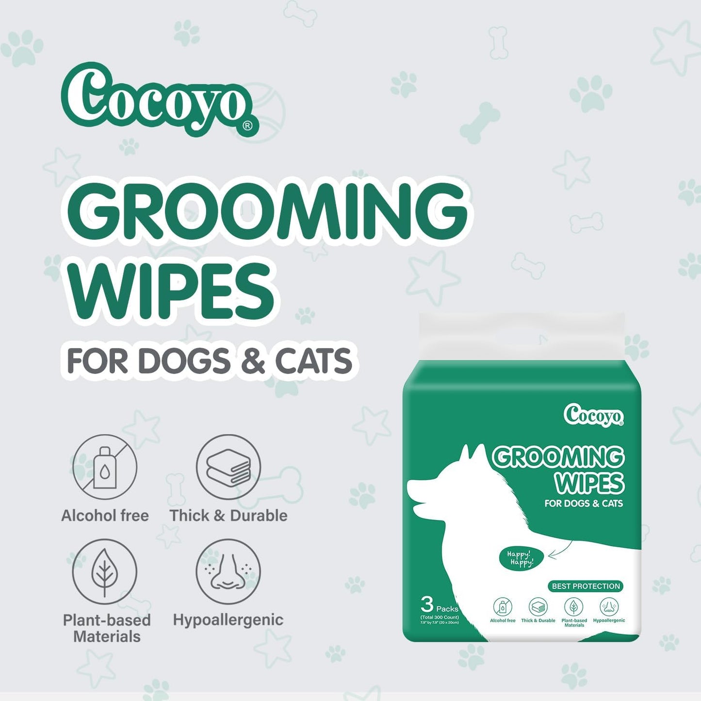 COCOYO Disposable Wet Wipes for Dogs & Cats I 300 Wipes for Cleaning and Deodorizing - Plant-Based, Hypoallergenic Pet Wipes for Puppies - Wipes for Paws, Butt, & Body - Fragrance Free