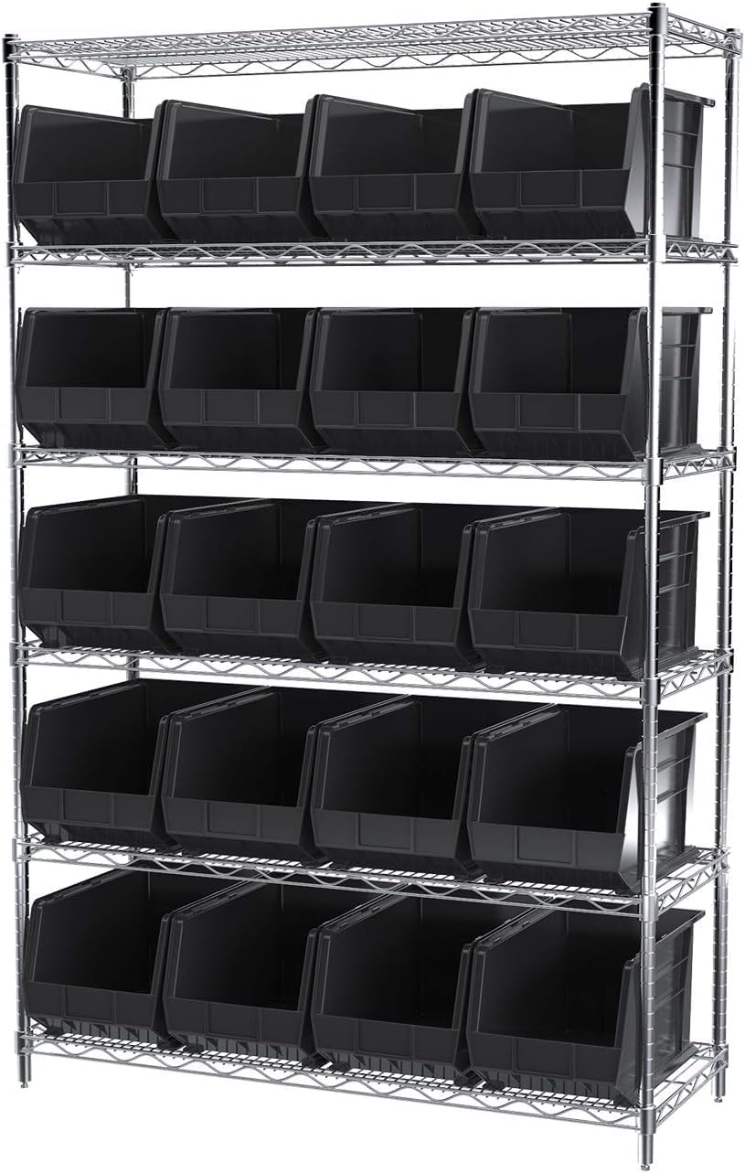 Akro-Mils 30260 AkroBins Plastic Storage Bins, Space-Saving Stackable Bins for Garage, Pantry, Craft Organization, 18" x 11" x 10", Black, 6-Pack