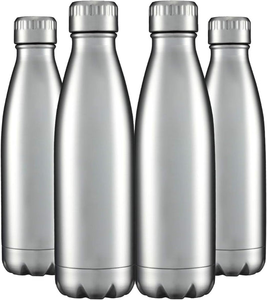 HASLE OUTFITTERS 17oz Stainless Steel Water Bottles Bulk, Vacuum Insulated Water Bottles Double Walled Reusable Metal Sports Water Bottles Keep Drinks Hot and Cold, Stainless, 4Packs