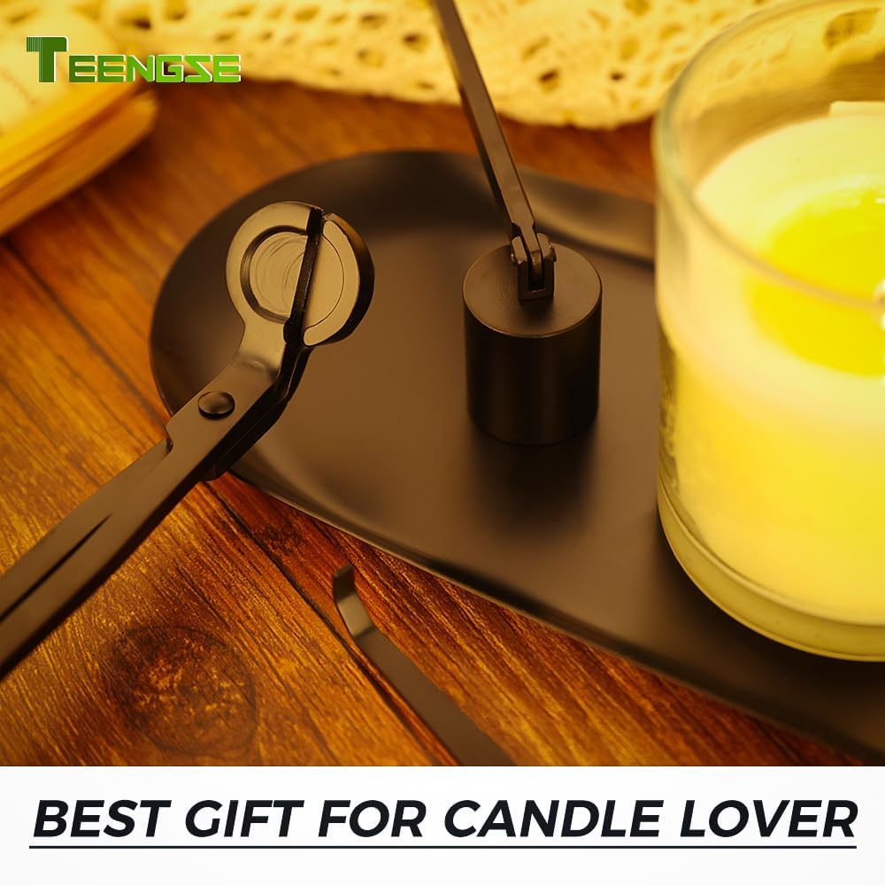 4 in 1 Candle Accessory Set with Storage Tray Plate, Candle Wick Trimmer, Candle Wick Snuffer, Candle Wick Dipper (Black)