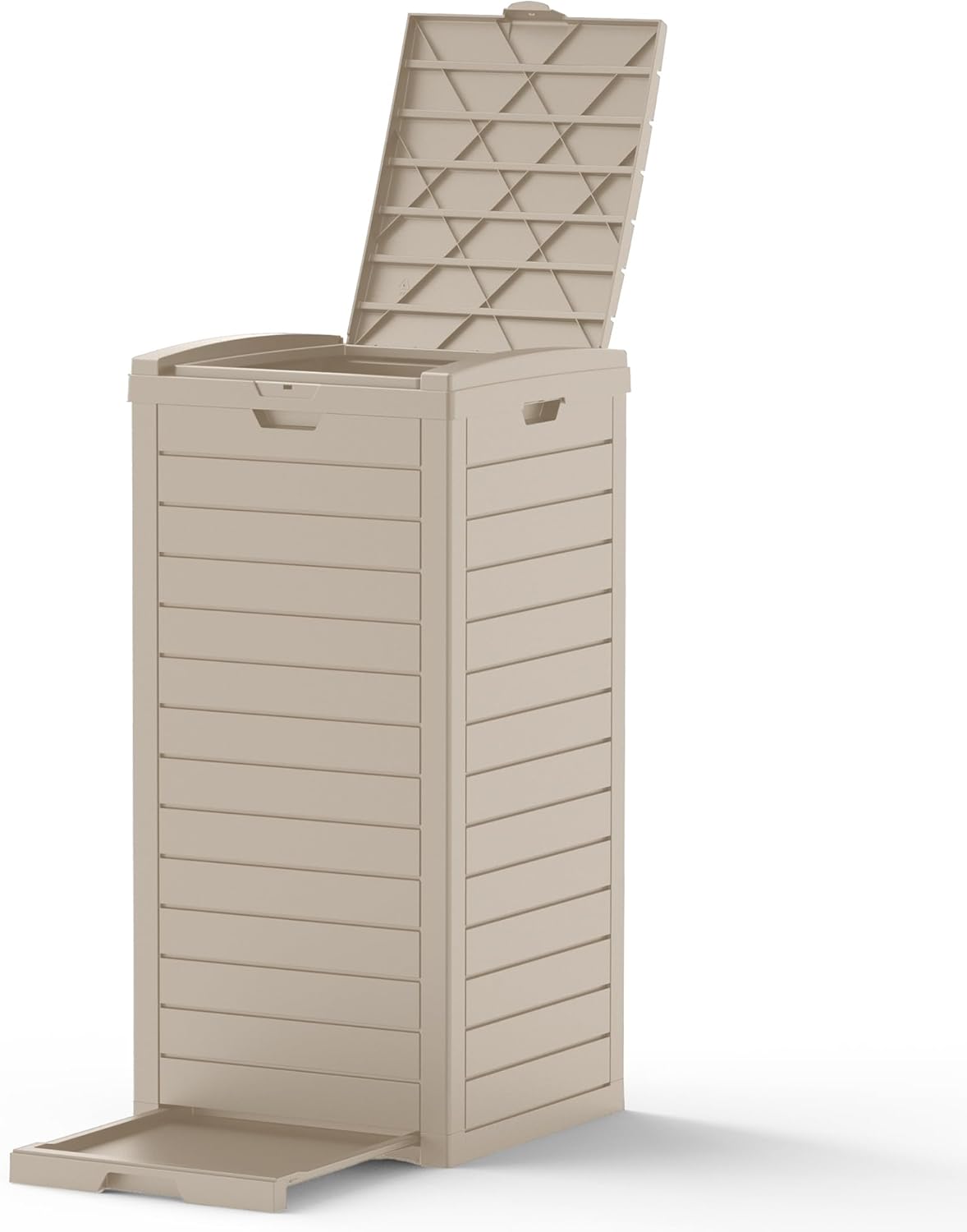 31 Gallon Outdoor Trash Can, Waterproof Resin Trash Can with Layered Lid and Drip Tray, Perfect for Patio, Backyard (Grey)