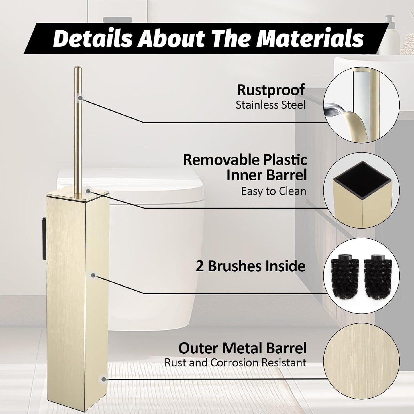 BGL Toilet Brush and Holder Set Brushed Gold Wall Mounted for Bathroom Square Design