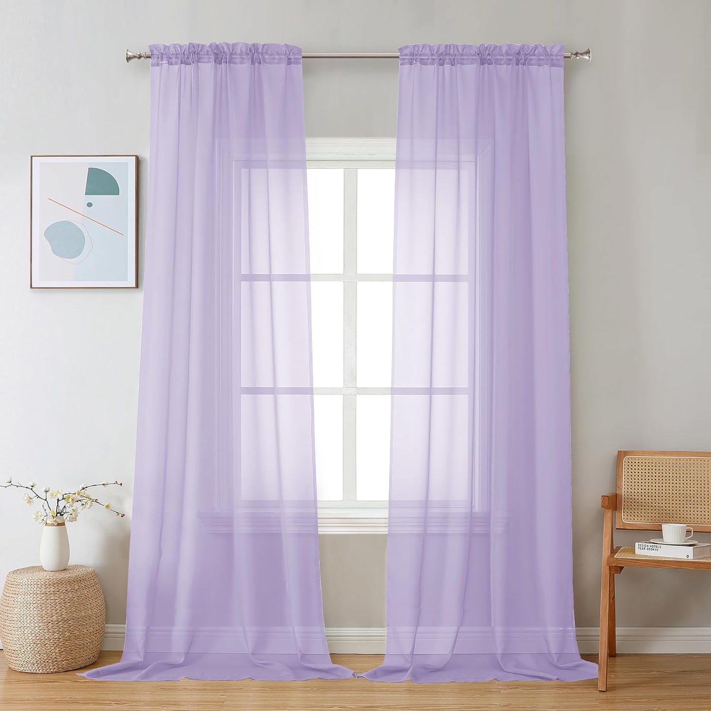 Chyhomenyc Sheer Lilac Curtains 90 inches Long 2 Panels, Light Filtering Soft Airy Solid Elegant Voile Window Treatment Drapes for Bedroom Living Room Wedding Party Decor, 42 Wx90 L Inches