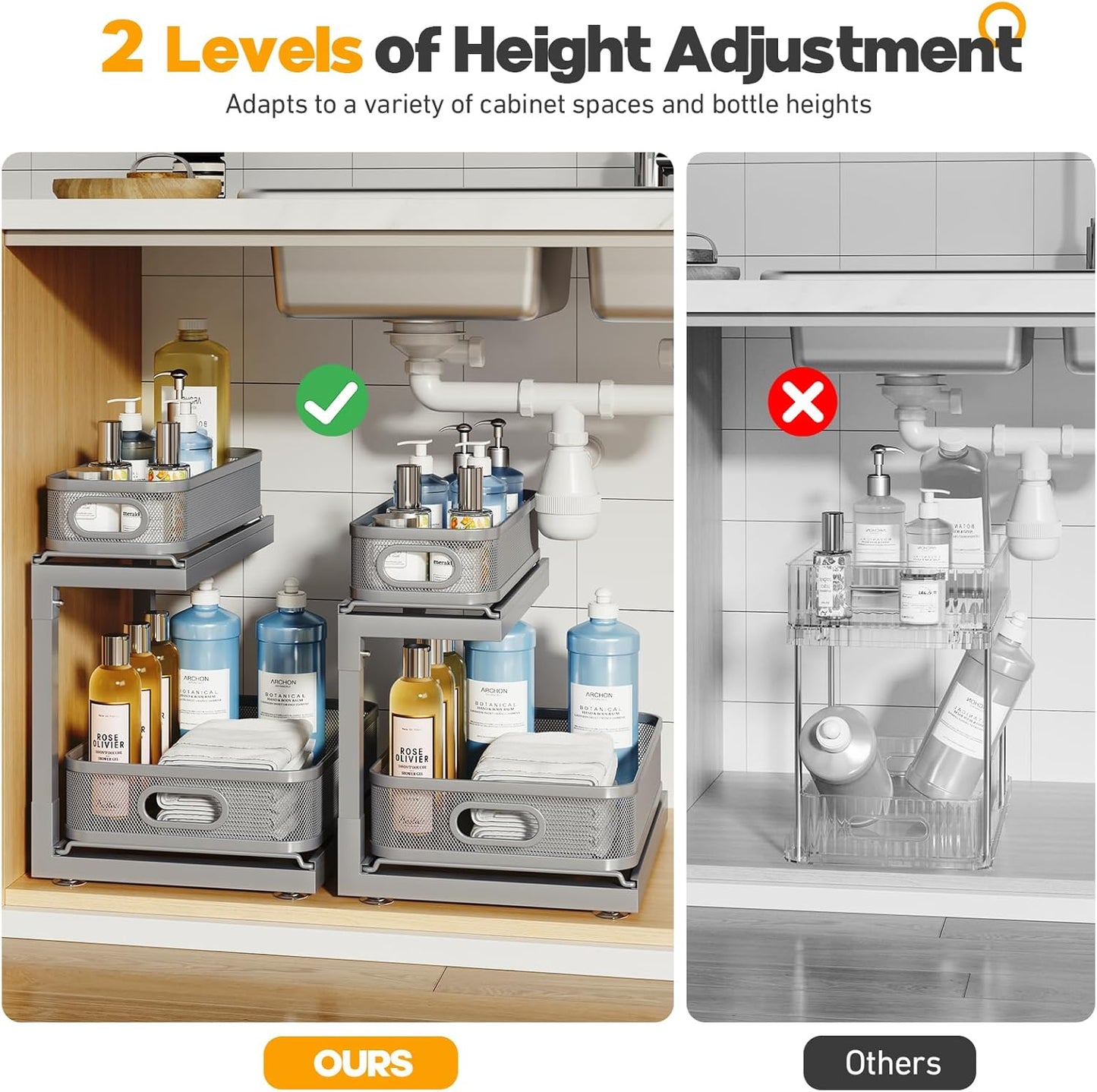2-Pack Under Sink Storage Organizer with 2-Tier Slide Out Drawer, Sophisticated Mesh Pull Out Shelf for Kitchen & Bathroom, Fits Small Items, Upgraded Arched Track for Smooth Gliding(Patented)
