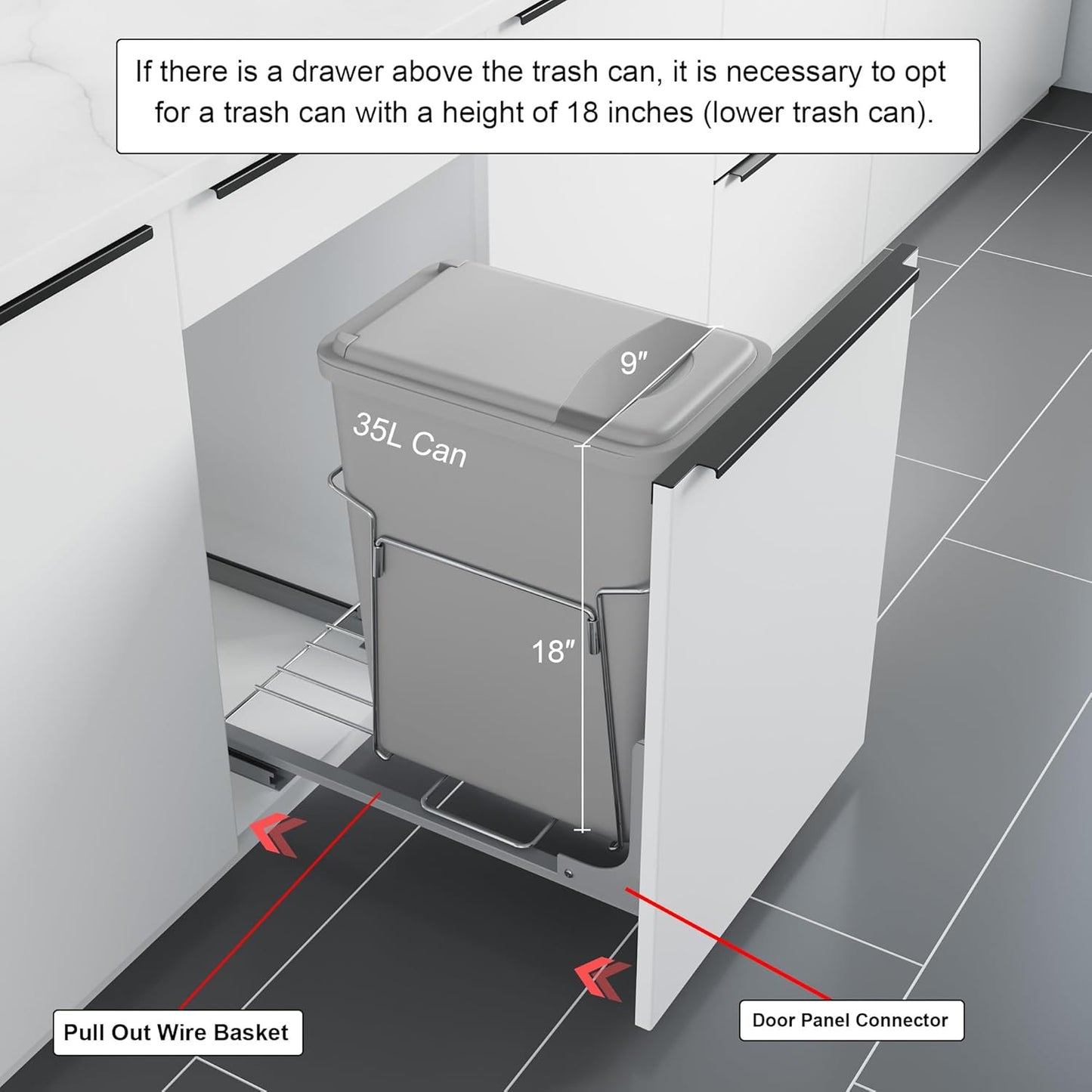 Dowell B15 Aluminum Base Wastebasket Pullout with Door Mount and 35Qt/9Gal Plastic Bin (4012 0115+35)