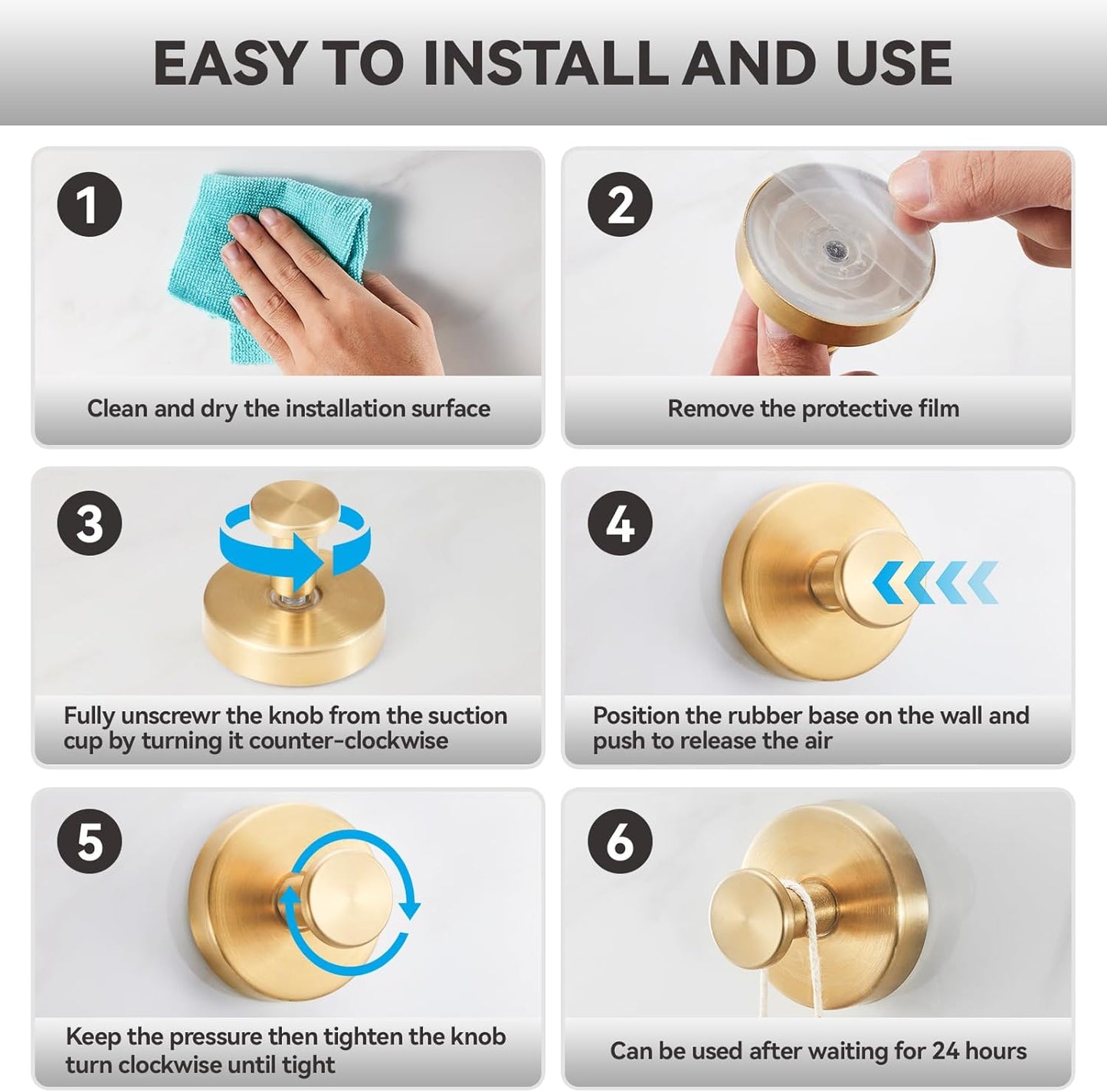 4 PCS Suction Cup Hooks for Shower, Stainless Steel No Drill Suction Towel Hooks, Reusable Sticky Silicone Suction Cup Base for Bathroom Wall, Glass, Mirror, Tile to Hang Loofahs, Robes (Gold)