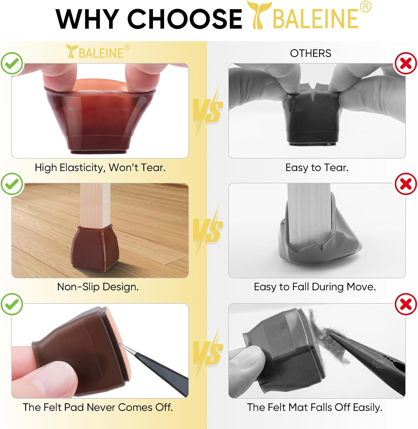 BALEINE 24 Pack Silicone Chair Leg Floor Protectors, Stool Leg Protectors Cap, Non-Slip Chair Leg Caps for Hardwood Floors (Brown & Large (Square), 24 Pack)