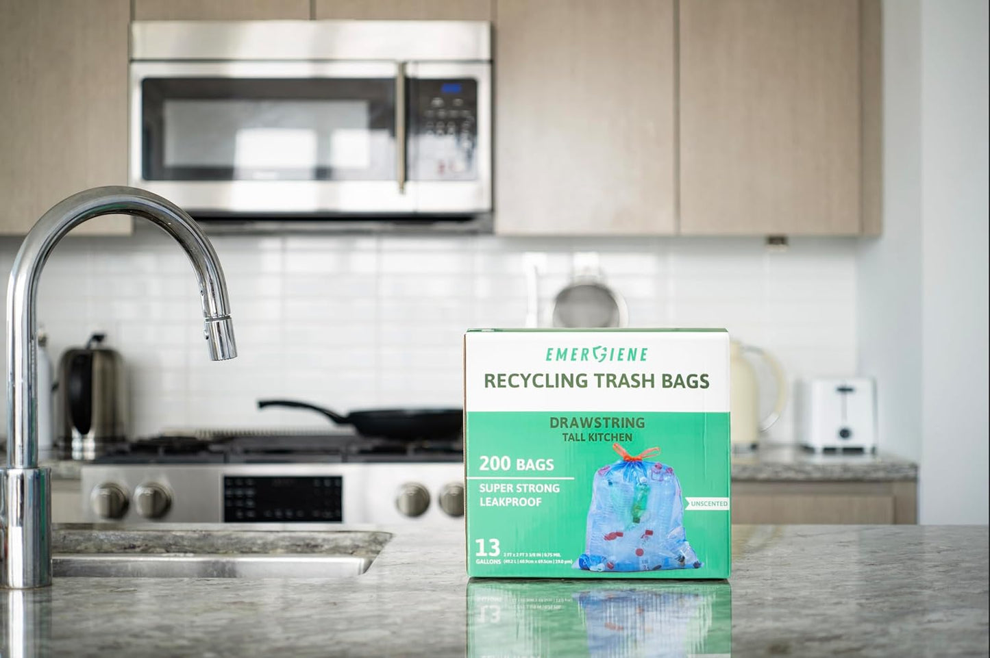 13 Gallon Recycling Trash Bags, 200 Count Drawstring Tall Kitchen Garbage Bags, Pre-Separated, Unscented, Ultra Strong, Leakproof, Sturdy, Translucent Blue