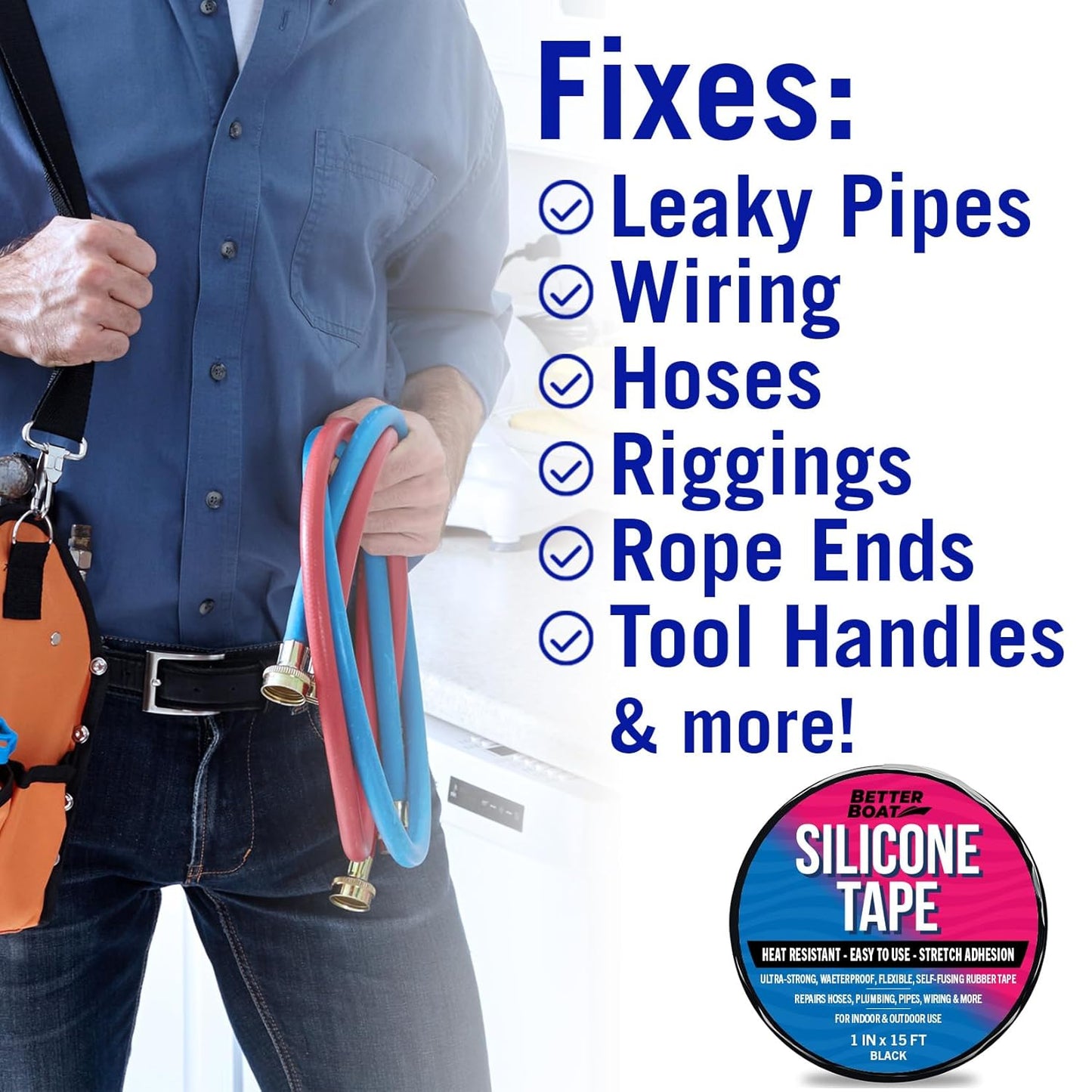 Black Heavy Duty Silicone Tape, Self-Fusing Rubber Hose and Plumbing Water Pipe Repair Seal, Coax Electrical or Waterproof Tape for Leaks, 15ft