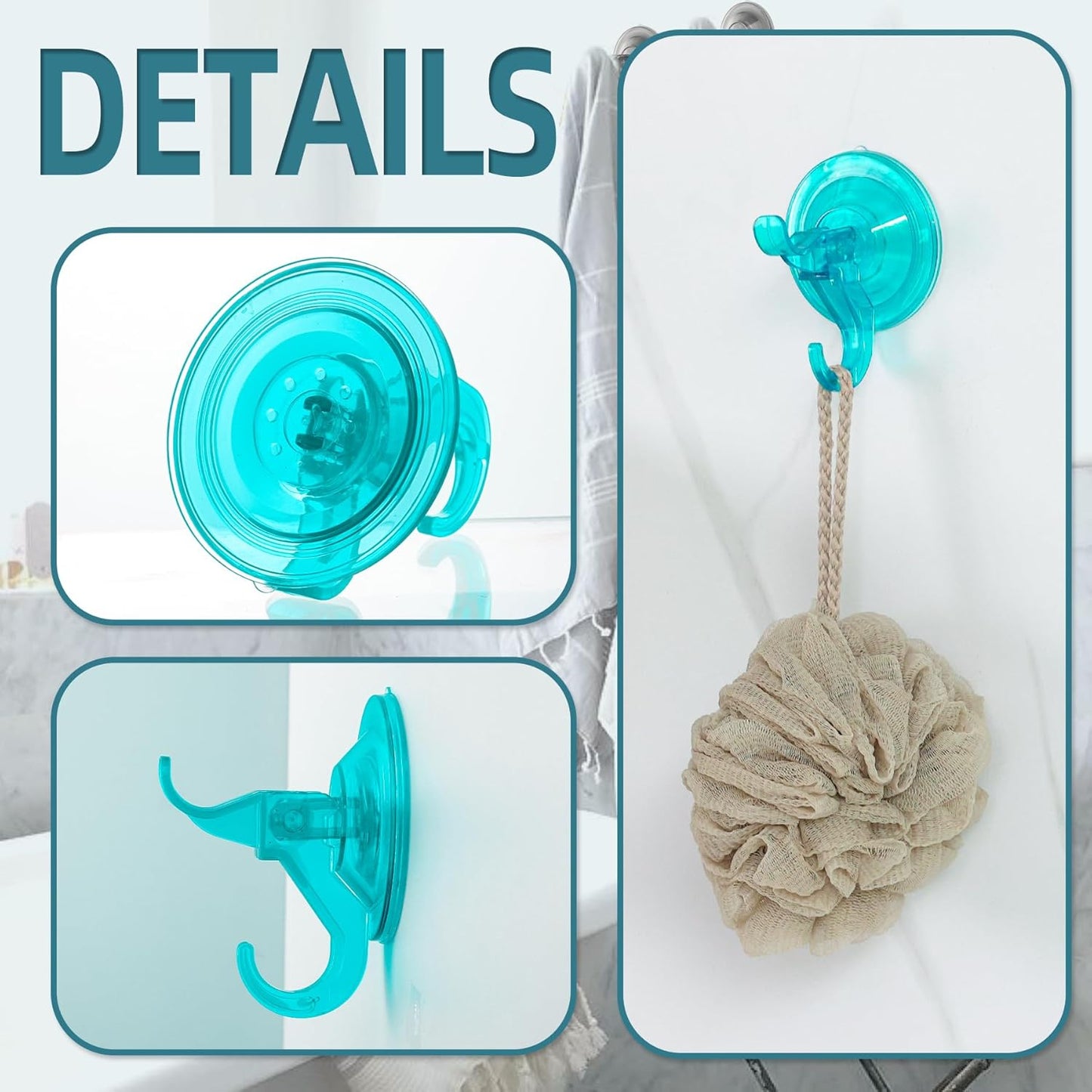 Antimbee Suction Cup Hooks, 5 Pack Shower Wall Suction Cup Hangers, Heavy Duty Vacuum Suction Cups, Reusable Bathroom Suction Hooks for Window, Tile Wall, Glass Door-2 Hooks Design(Transparent Cyan)