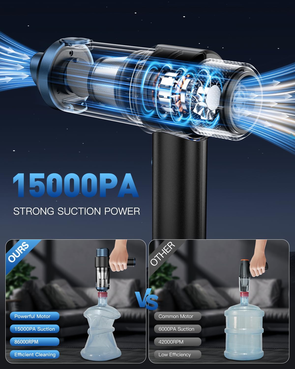 EYYA Handheld Car Vacuum Cleaner Cordless, 15000PA High Power Vacuum & Air Duster, 4-in-1 Portable Mini Vacuum with LED Light, Hand Held Vacuum Cleaner for Car Home Office