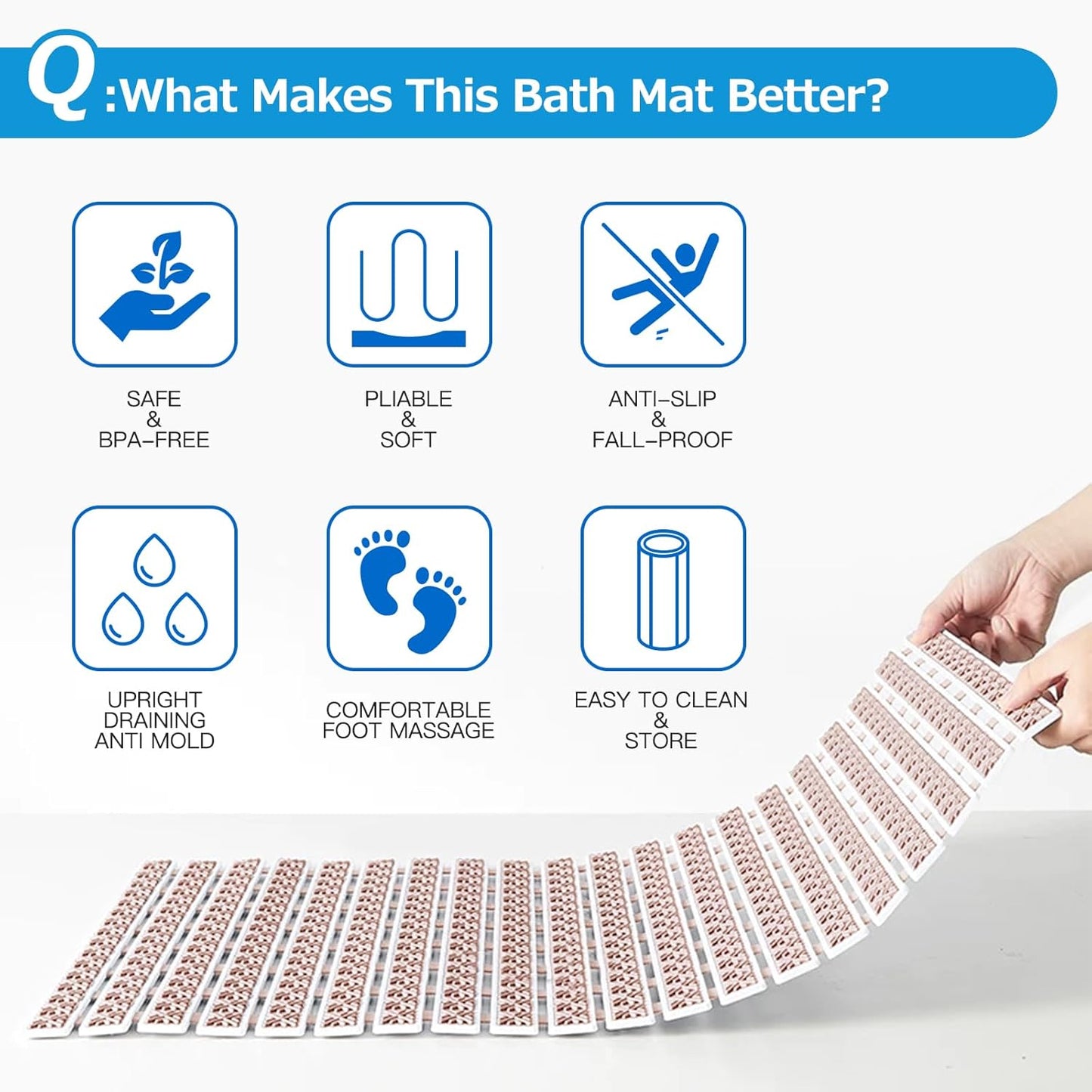 Matace Non Slip Rubber Bathtub & Shower Mat with Suction Cups, Thick Textured Surface, Fast Drain and Upright Drying Design, No Pooling Water for Better Hygiene, 27 x 16 Inch, Beige