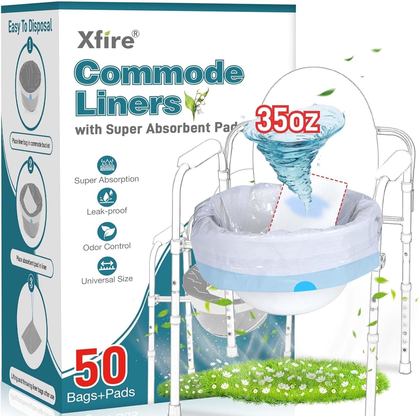 Commode Liners with Absorbent Pads- 50 Commode Bags+ 50 Commode Pads, Extra Thicken Commode Toilet Liners Universal Fit Bedside Commode, Portable Toilet, Chair Bucket, Bedpan