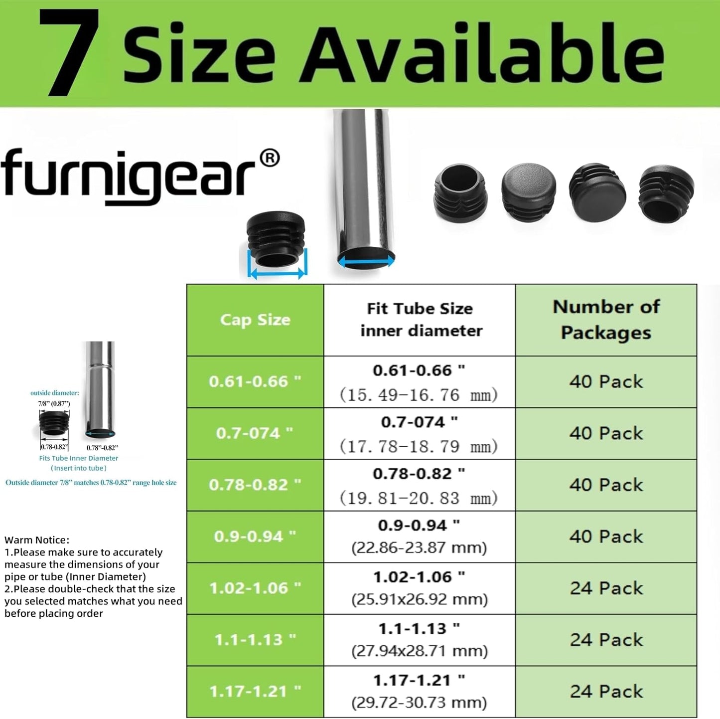 Furnigear Plastic Plugs Tubing End Caps Chair End Caps 7/8" Outside Bottom Round Tubing Caps Round Furniture Sliders Glides Black (Fit 0.78-0.82" Tube Inner Diameter, 40pack)