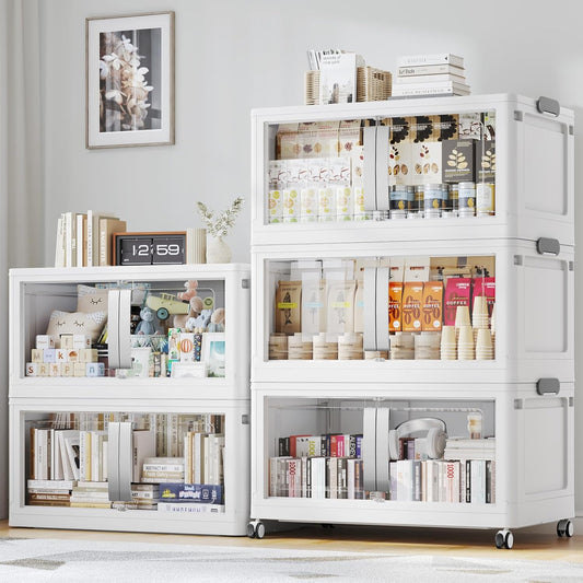 BROVIEW 800QT Stackable Storage Bins with Lids, 200Gal Extra Large Collapsible Storage Box with Wheel, Plastic Storages with Clear Door Open Front for Home Kitchen Garage, White-5pack(5 lids)