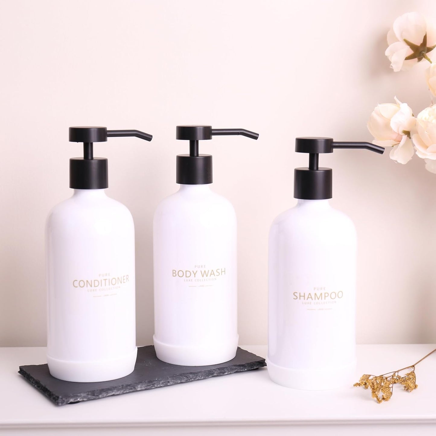 Shampoo and Conditioner Dispenser Set of 3,Refillable 21oz Shampoo Bottles with Non-Slip Protective Silicone Pad,Shower Soap Dispenser with Waterproof Labels for Bathroom (White)