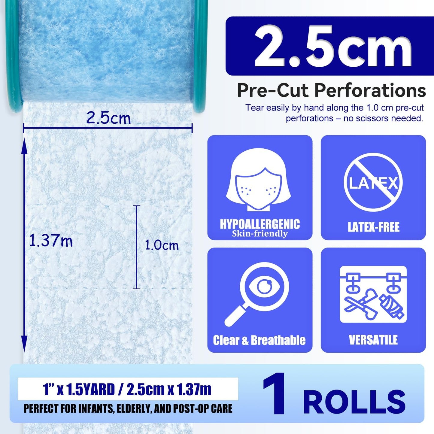 FRESINIDER Silicone Medical Tape – 1" x 1.5 Yard Blue 4 Rolls, Pre-Cut, Waterproof & Repositionable, Pain-Free Removal, Hypoallergenic Adhesive for Sensitive Skin, Wound Care & First Aid Use