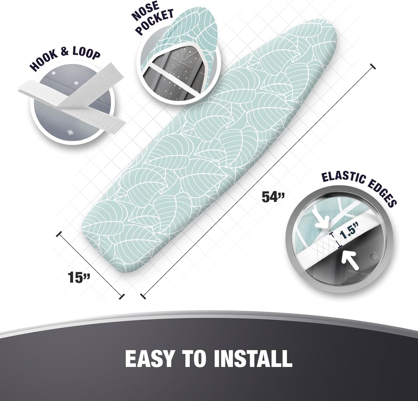 Extra Thick Ironing Board Covers with Pad Standard Size 15x54, Heat Reflective Full Scorch Resistant Padding, Snug Fit Non-Slip Nose Pocket Fastener Straps Elastic Edges, Green Floral