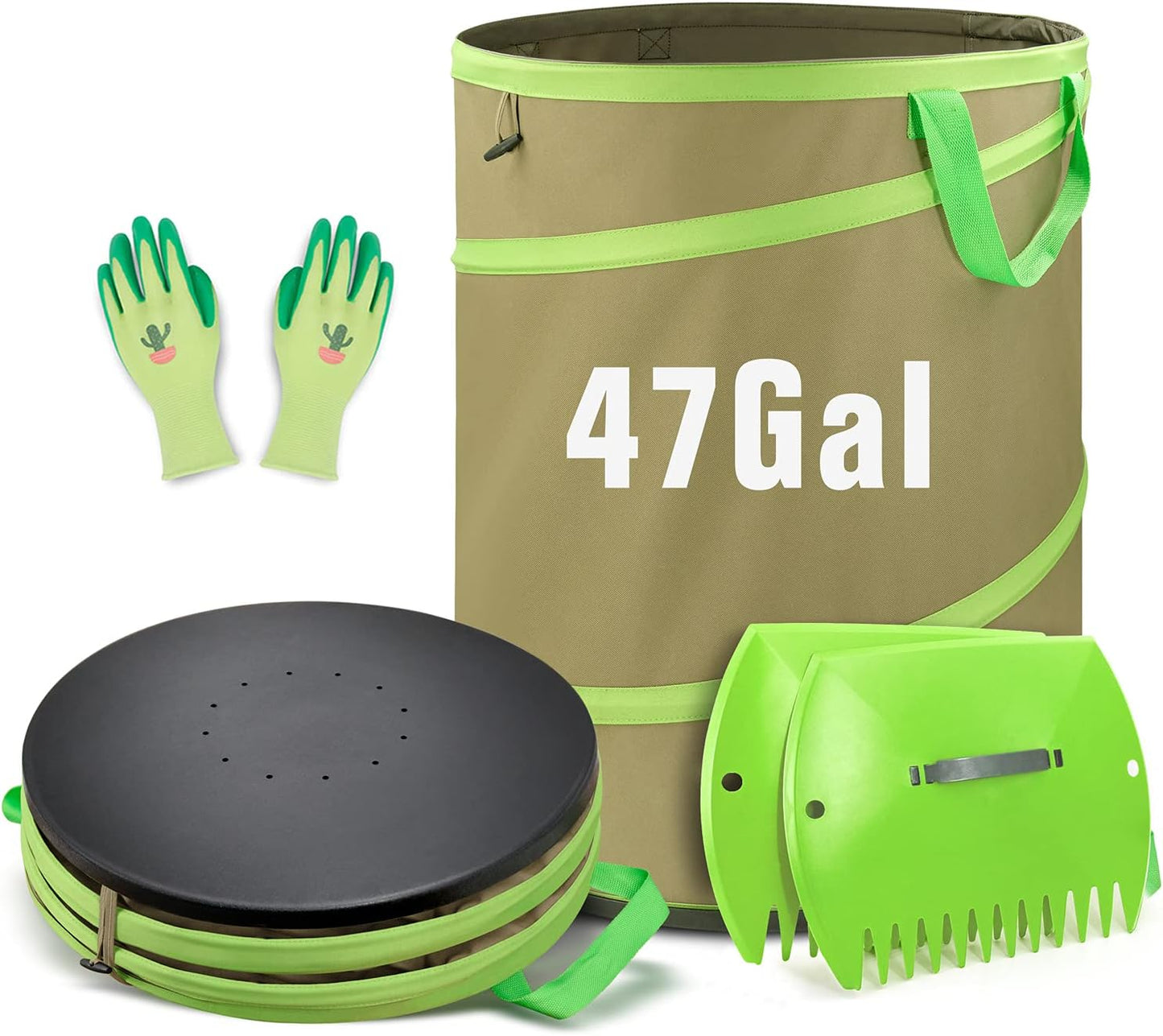 Colwelt Collapsible Garden Bag 47Gallon, Collapsible Leaf Bags with Hard Bottom, Heavy Duty Yard Waste Bag Leaf Bin, Leaf Pop up Trash Can (come with Leaf Scoop, Garden Gloves)