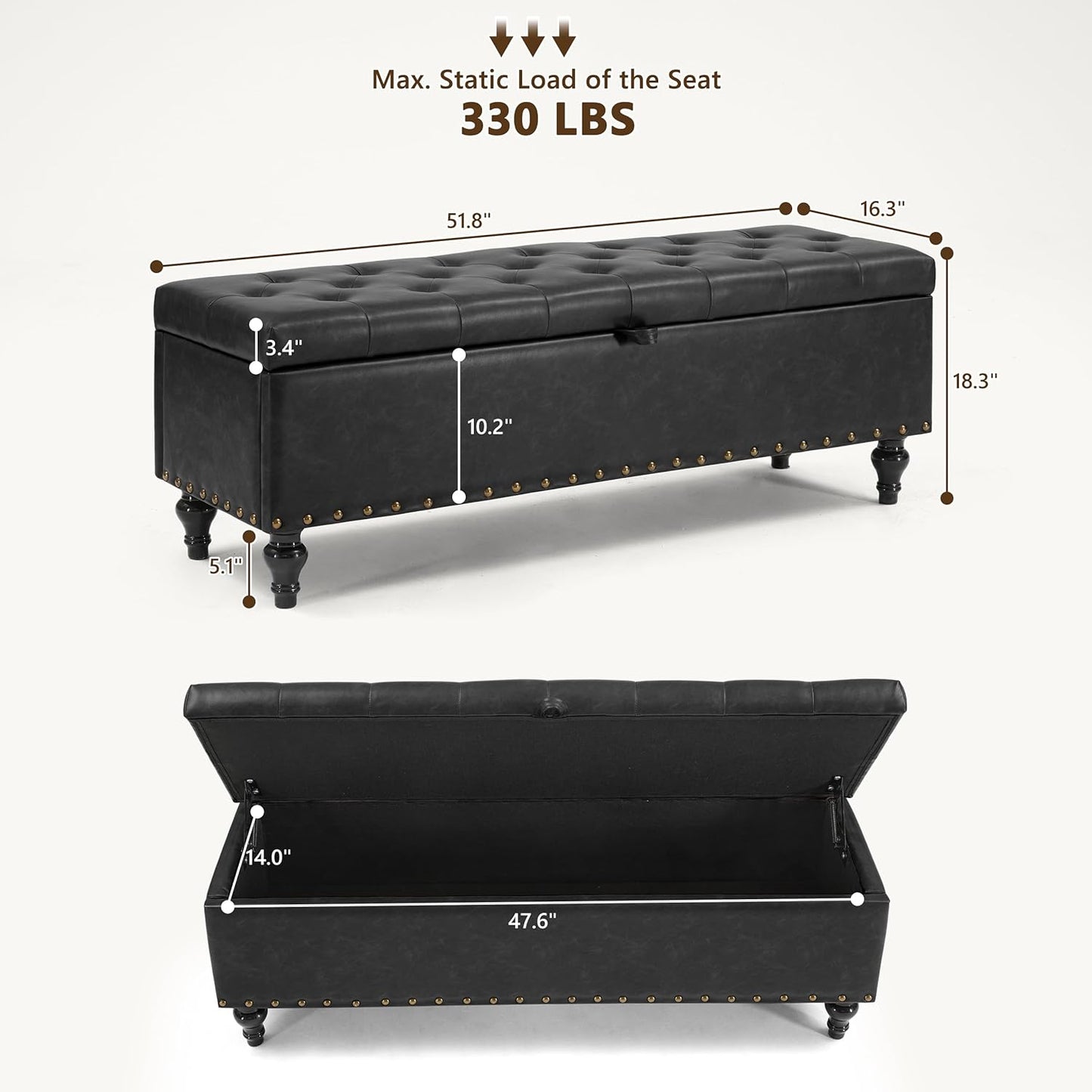 51.8’’ Storage Ottoman Bench, Faux Leather Ottoman with Storages, Window Benches Holds up to 330lbs, Upholstered Storage Bench for Bedroom, Living Room, Entryway and Family Room, Black