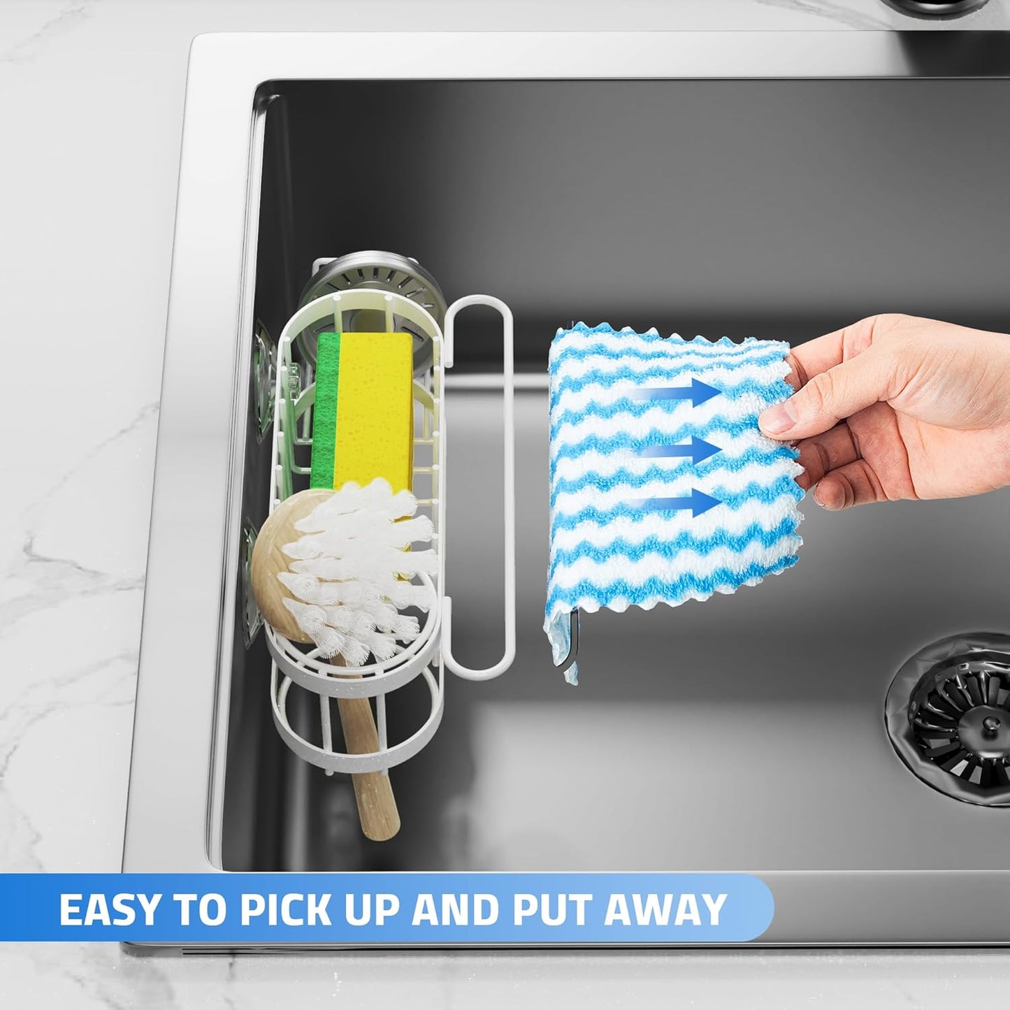 Cisily Kitchen Sink Caddy Sponge Holder in The Sink, Stainless Steel Kitchen Sink Organizer, Brush Holder, Dish Cloth Hanger, Sink Stopper Holder with Suction & Adhesives Installation Ways (White