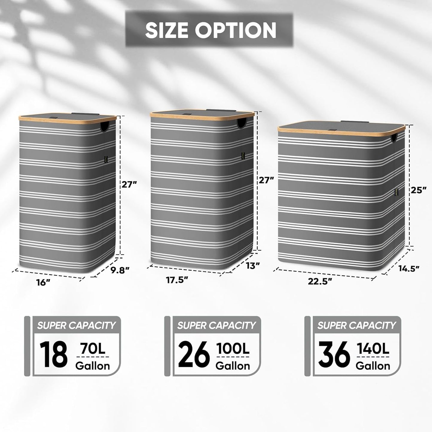 BALEINE Laundry Hamper with Lid, Tall Laundry Baskets with Bamboo Pull Handles, Large Laundry Bin with Internal Support (36 Gal/140L, Grey Pinstripe)