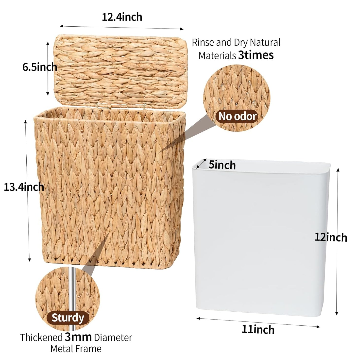 3 Gallon Wicker Trash Can,Small Bathroom Trash Can with Lid,Natural Water Hyacinth Wicker Waste Basket for Bedroom,Toilet,Narrow Garbage Can with Removable Liner