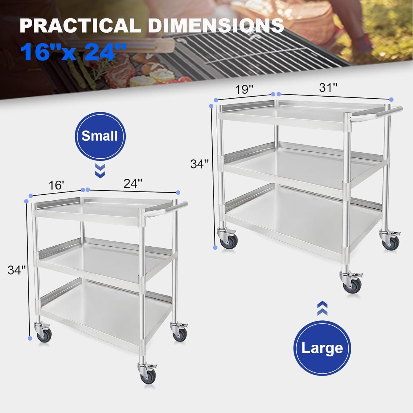 3-Shelf Stainless Steel Rolling Utility Cart - Heavy-Duty Metal Mobile Storage with Handle & Locking Wheels - Ideal for Kitchen, Medical, Lab, Restaurant & Home Use (16''x24''x34'')