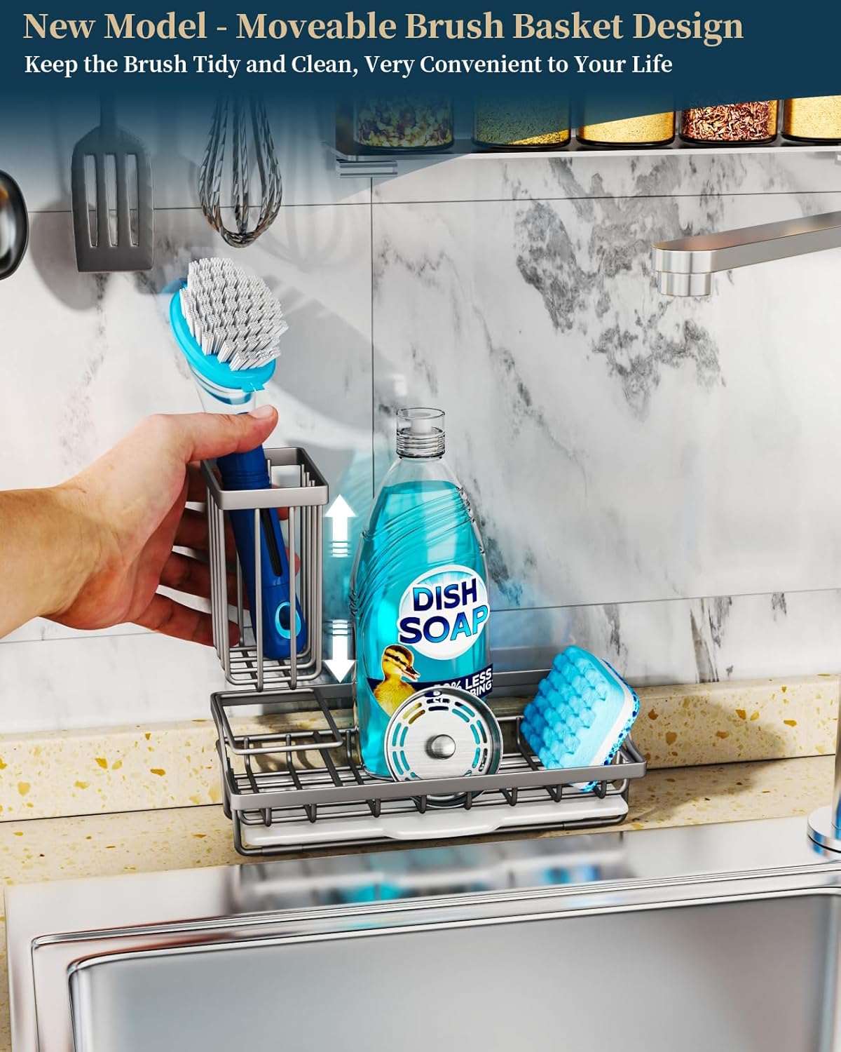 Consumest Sponge Holder for Kitchen Sink, Sink Caddy Organizer with Removable Drip Tray, Countertop Dish Soap Holder and Brush Holder, 304 Stainless Steel - Sand Nickel