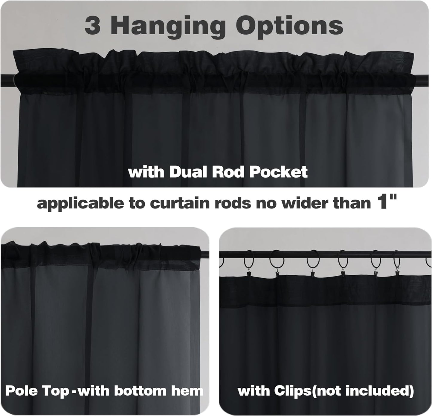 Chyhomenyc Black Sheer Valances for Windows 2 Pack, 42W x 14L Inches Small Window Curtains for Living Room Bathroom Cafe Laundry Basement, Elegant Top Dual Rod Pocket Voile Curtain