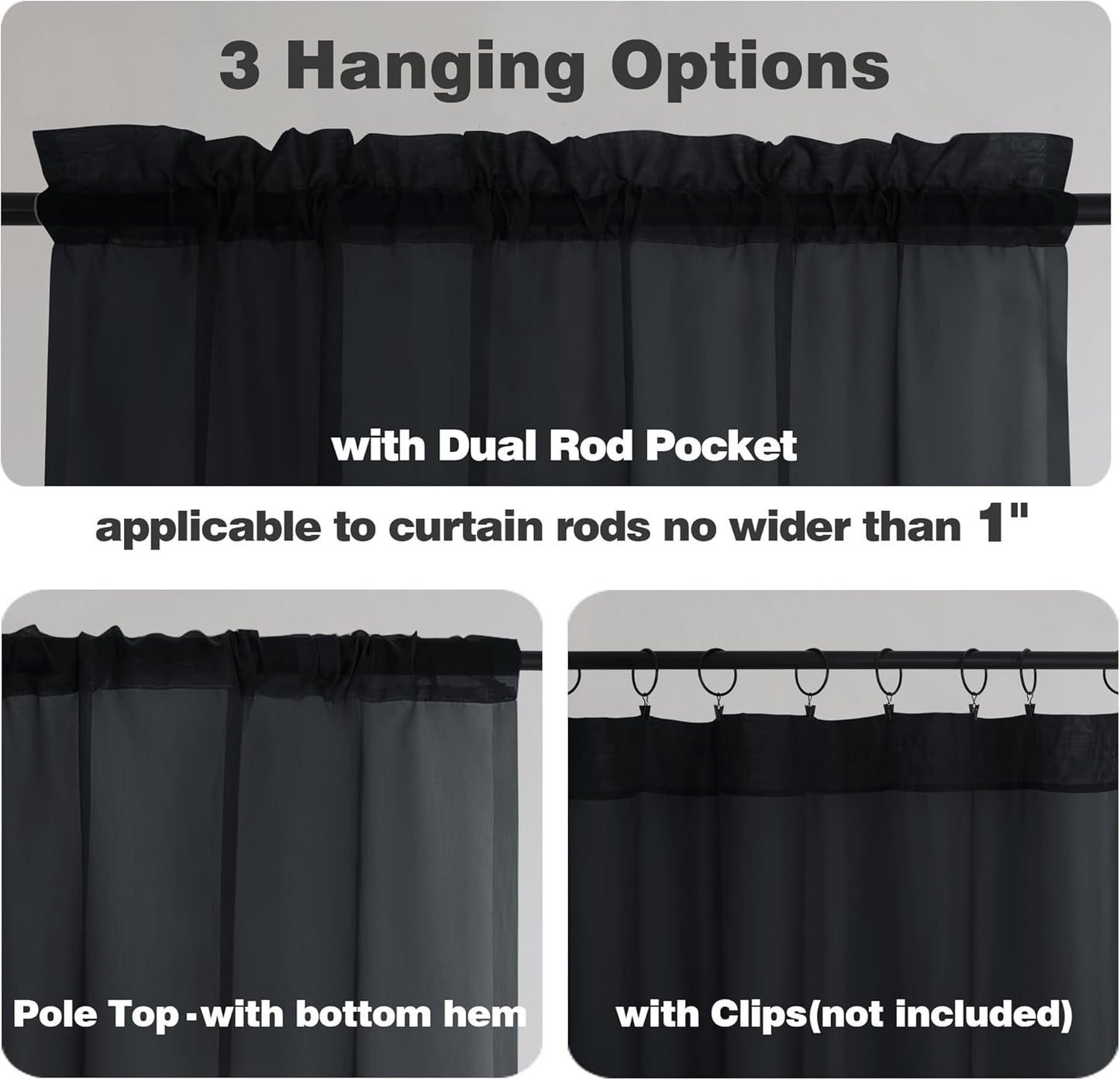 Chyhomenyc Black Sheer Window Curtain Panels 54 Inch 2 Panels, Light Filtering Solid Voile Curtains Drapes for Small Window/Bathroom/Living Room/Bedroom, Rod Pocket, Each 42Wx54L