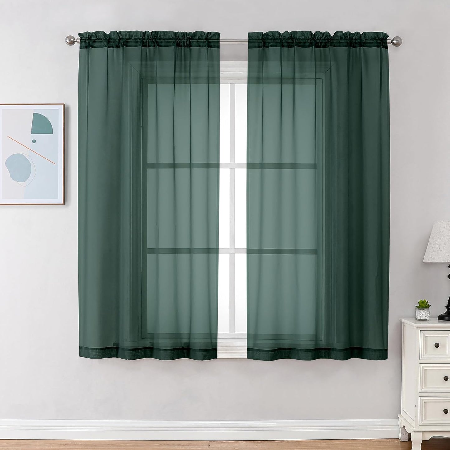 Chyhomenyc Hunter Green Sheer Curtains 54 Inch Long 2 Panels Set, Short Voile Rod Pocket Drapes for Dinning Small Windows Bathroom Living Room Bedroom, Each 42Wx54L in, 2PCS