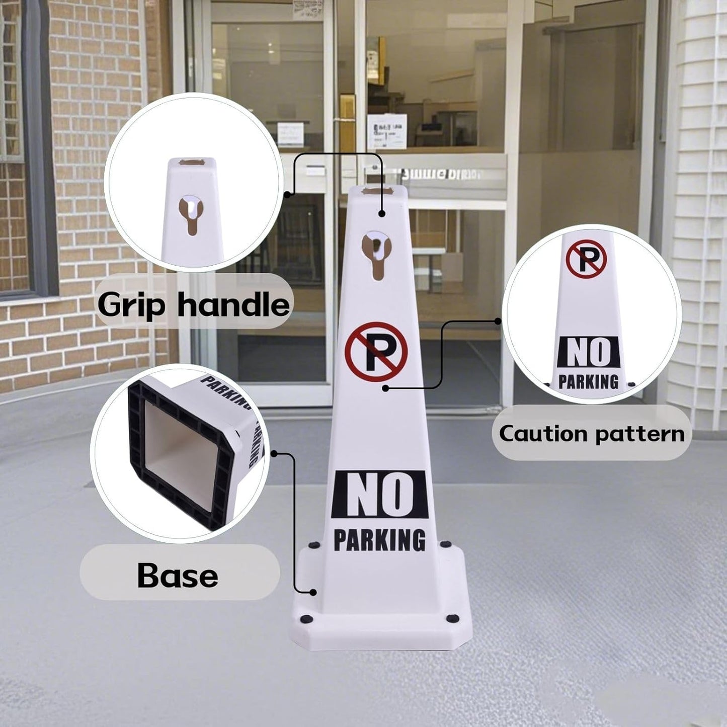 4-Pack 26.5" Caution Cones, 4-Sided Visible Safety Signs with Heavy Rubber Base, Warning for Slip & Fall Prevention, Indoor/Outdoor Use (White, 4Pcs-No Parking)