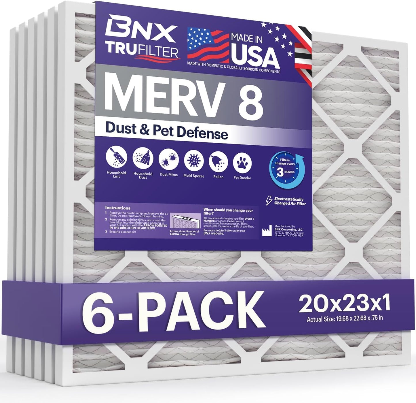 BNX TruFilter 20x23x1 Air Filter MERV 8 (6-Pack) - MADE IN USA – Dust & Pet Defense Electrostatic Pleated Air Conditioner HVAC AC Furnace Filters for Dust, Pet, Mold, Pollen MPR 600 – 700 & FPR 5